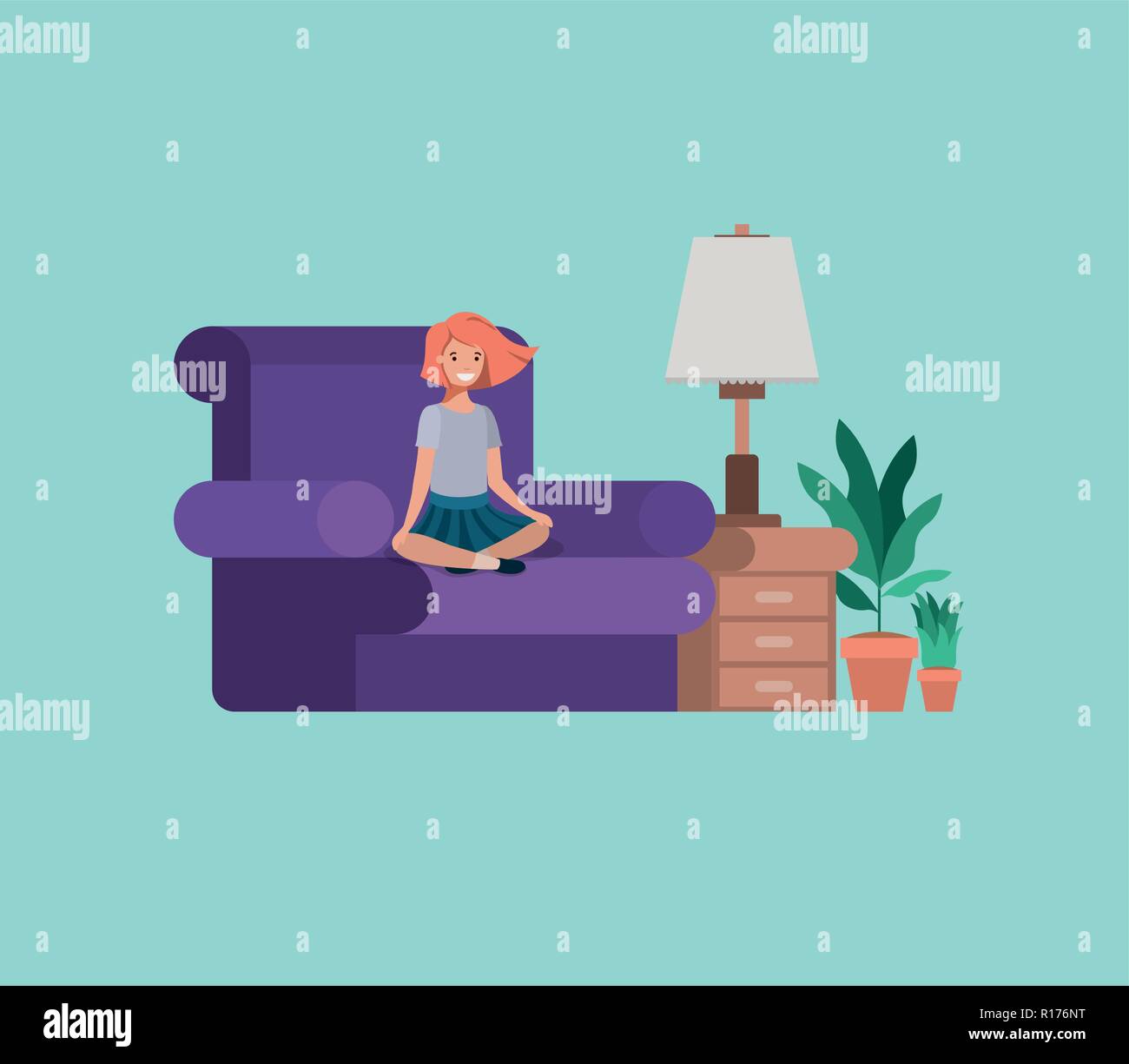 Adolescent girl sitting in livingroom Illustration de Vecteur