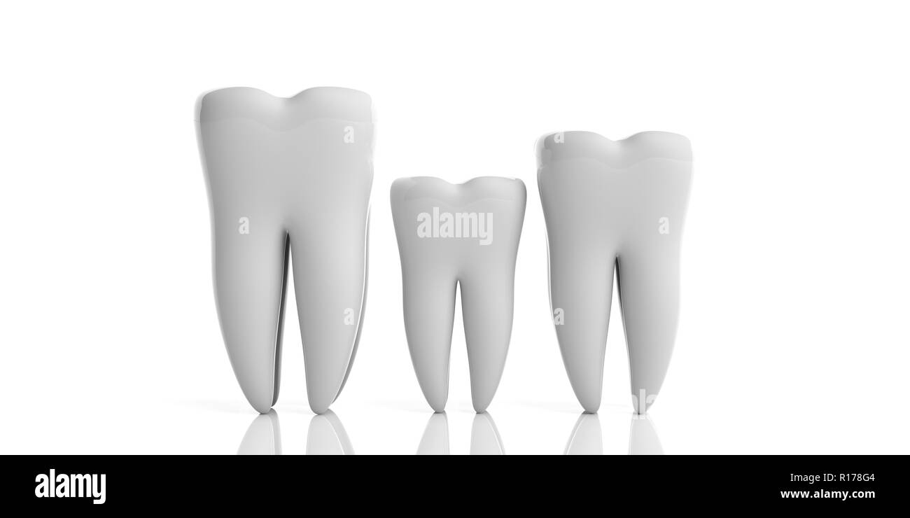 La santé des dents, dentristy concept. Nettoyer la dent brillants modèles, différentes tailles isolé sur fond blanc. 3d illustration Banque D'Images