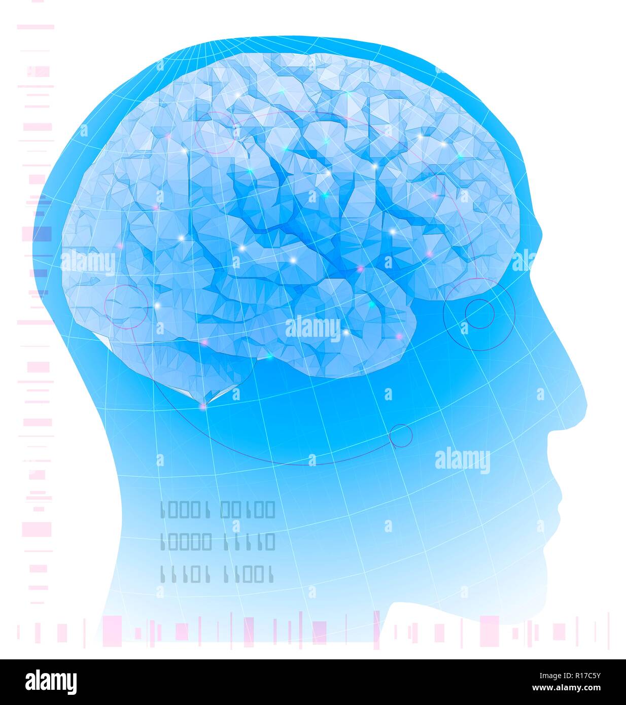 L'intelligence artificielle. Illustration conceptuelle d'une tête humaine avec un cerveau stylisé, représentant de l'intelligence artificielle, la simulation de l'intelligence humaine par une machine. Des nombres binaires, qui ne contiennent que des 1 et 0, la forme la langue des machines. L'intelligence artificielle est généralement pris pour signifier un ordinateur ou machine qui peut réfléchir et d'apprendre indépendamment de son programme d'origine. Banque D'Images