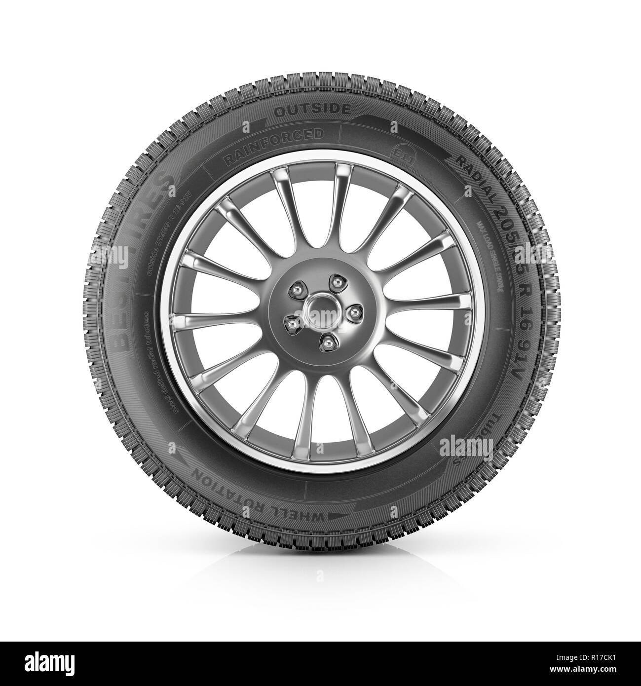 Roues avec pneus de voiture, isolé sur fond blanc. Vue de face. 3d  illustration Photo Stock - Alamy