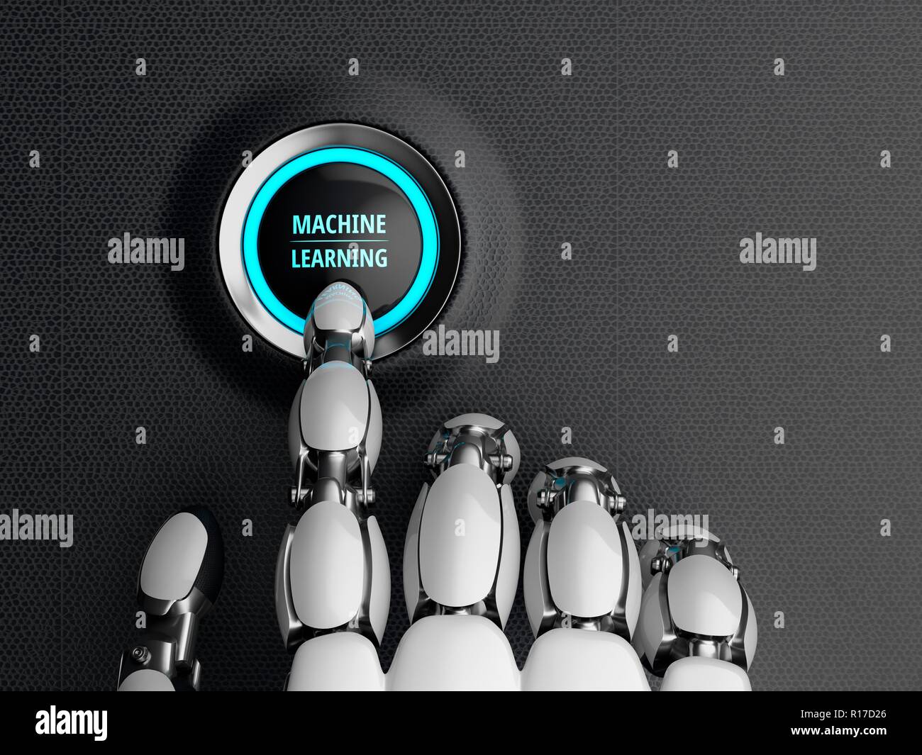 Main robotique, appuie sur le bouton de démarrage de la machine d'apprentissage. 3D illustration. Banque D'Images