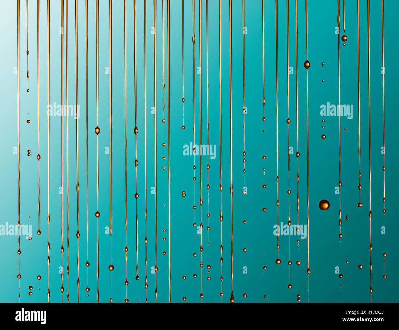 Lignes de couleur or l'écoulement de l'huile et dégoulinant contre fond bleu Banque D'Images