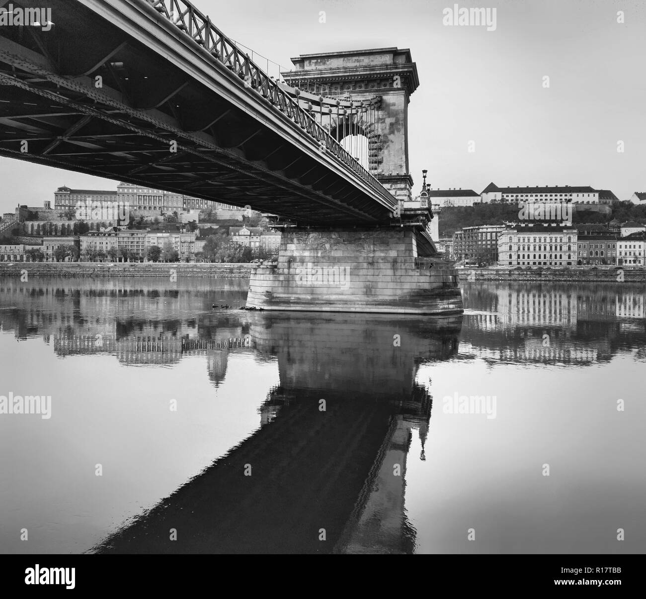 Photo en noir et blanc du pont de la chaîne à Budapest Banque D'Images