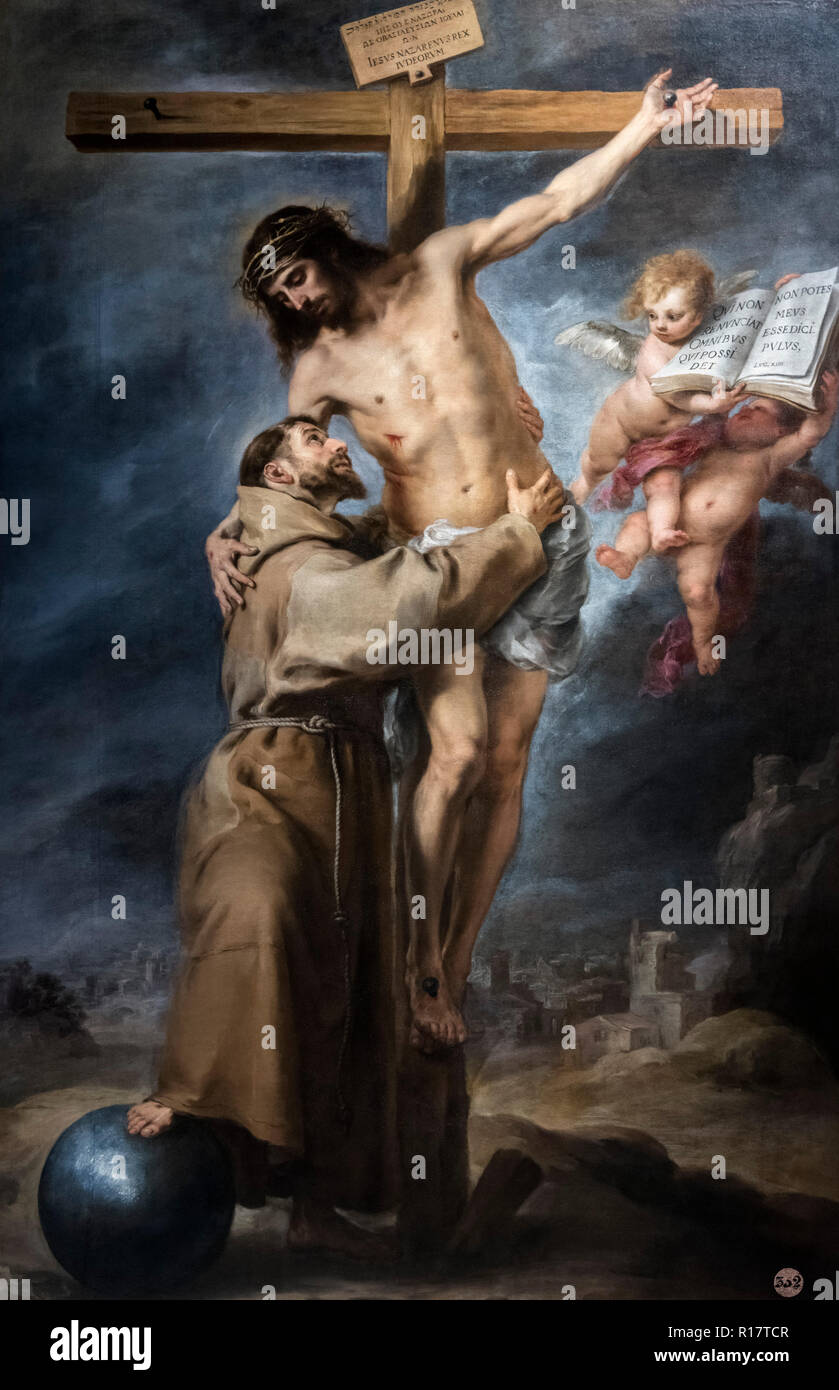Saint François embrassant le Christ (San Francisco une Embrazando Cristo en la Cruz) par Bartolomé-Esteban Murillo (1617-1682), huile sur toile, c.1668-9 Banque D'Images