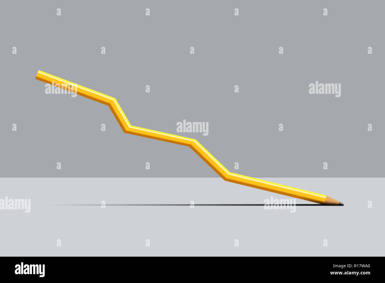 Crayon jaune en forme de courbe de croissance à la baisse, fond gris, d'une image numérique Banque D'Images