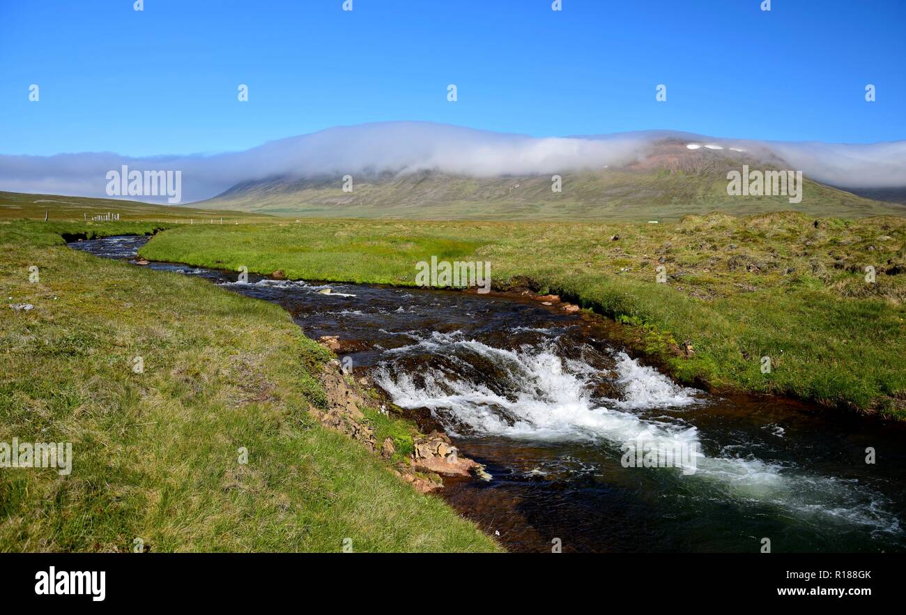 Paysage islandais avec une rivière et une montagne en arrière-plan. Le nuage est allongé sur la montagne. Rapids blancs de l'eau. Skagi Peninsula. Banque D'Images