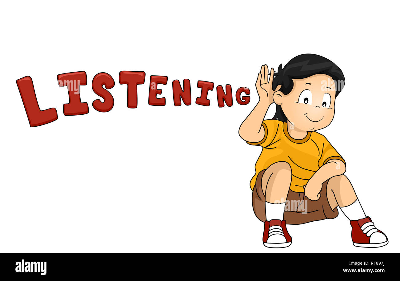 Illustration D Un Enfant Garcon Avec Les Mains De Son Oreille Avec Lettrage D Ecoute Photo Stock Alamy
