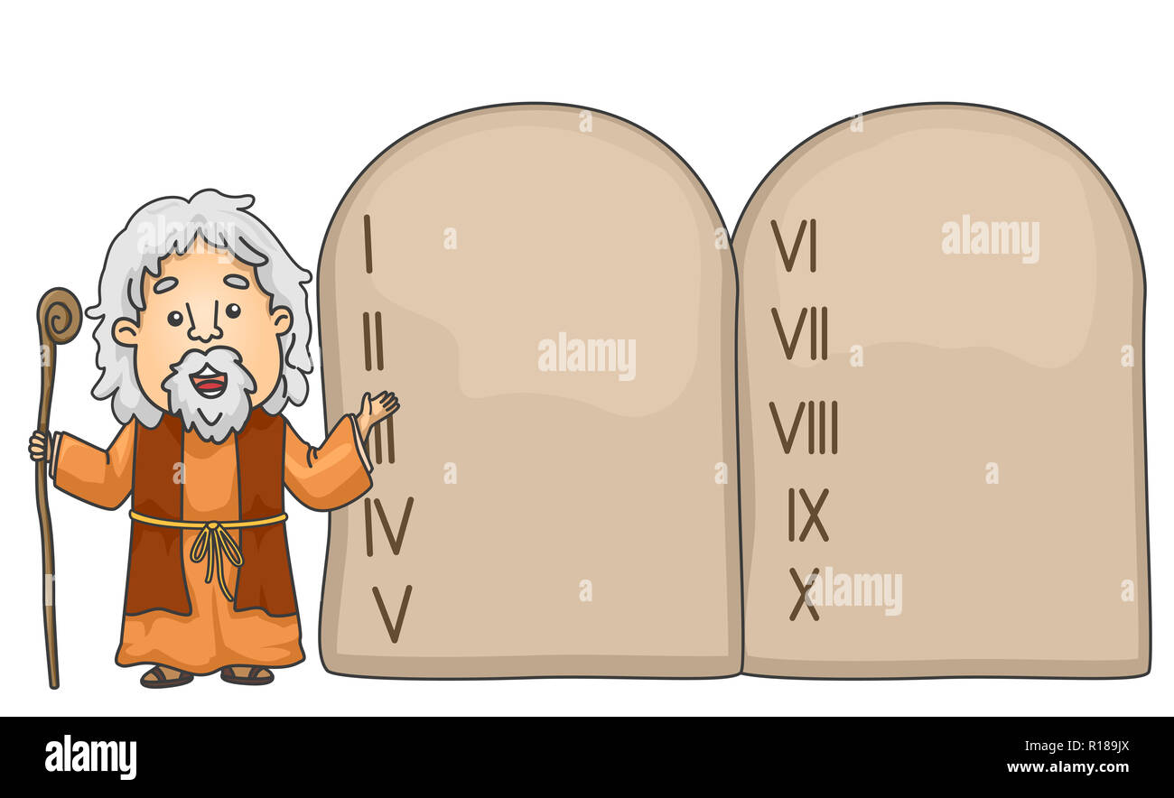 Illustration d'une Bible histoire de Moïse en pointant sur les Dix Commandements Tablet Banque D'Images