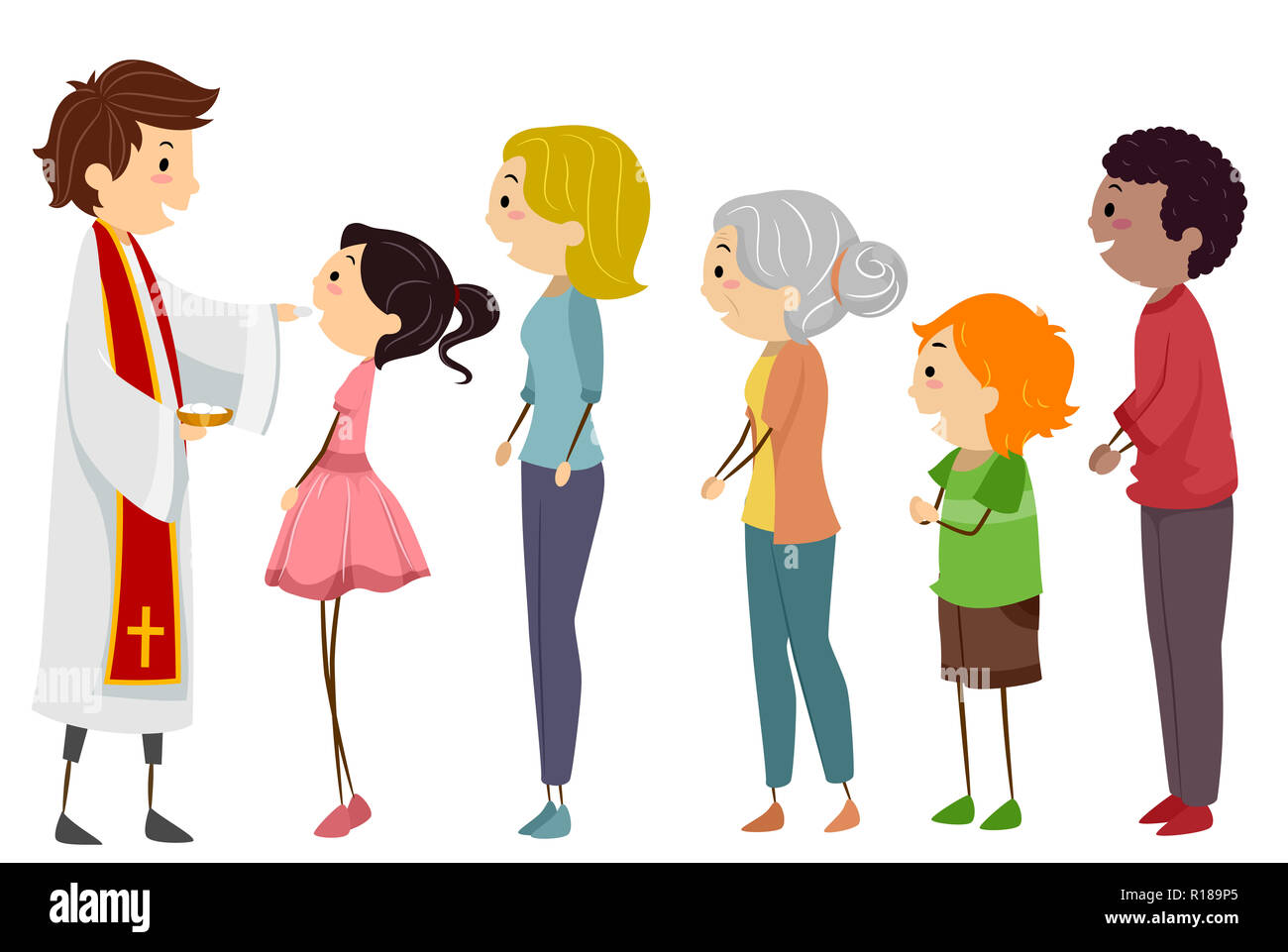 Illustration d'un prêtre et de personnes faisant la queue pour la Sainte Communion Banque D'Images