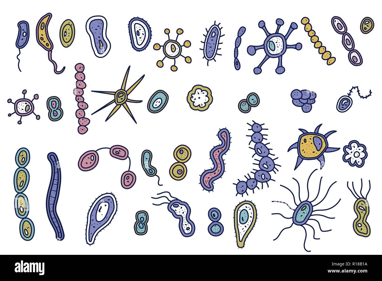 Ensemble de cellules de bactéries. Collection de micro-organismes. Les objets colorés de style doodle vecteur isolé sur fond blanc. Illustration de Vecteur