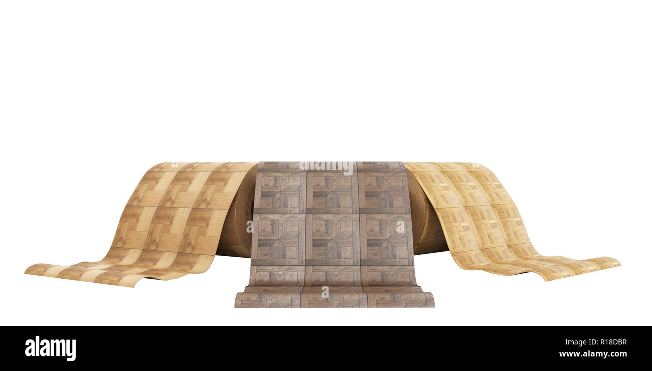 Rouleaux de linoléum avec wood texture 3d illustration sur aucune ombre blanche Banque D'Images