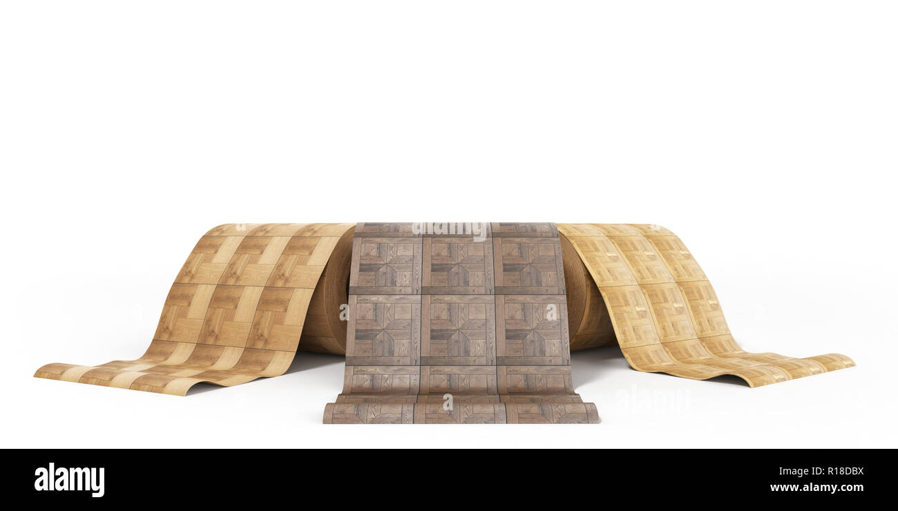 Rouleaux de linoléum avec wood texture 3d illustration on white Banque D'Images