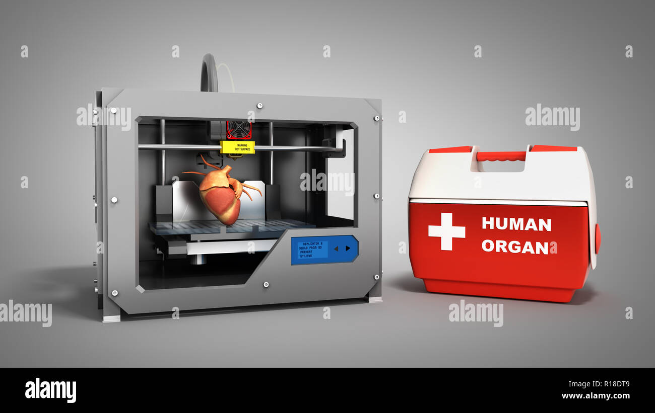 Notion de processus de transplantation de créer le cœur humain à l'aide de l'imprimante 3D illustration isolé sur fond gris Banque D'Images