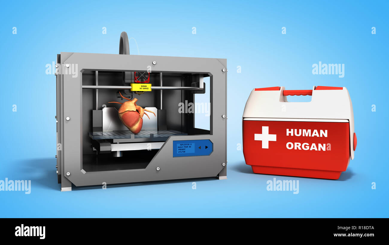 Notion de processus de transplantation de créer le cœur humain à l'aide de l'imprimante 3D illustration isolé sur fond bleu Banque D'Images