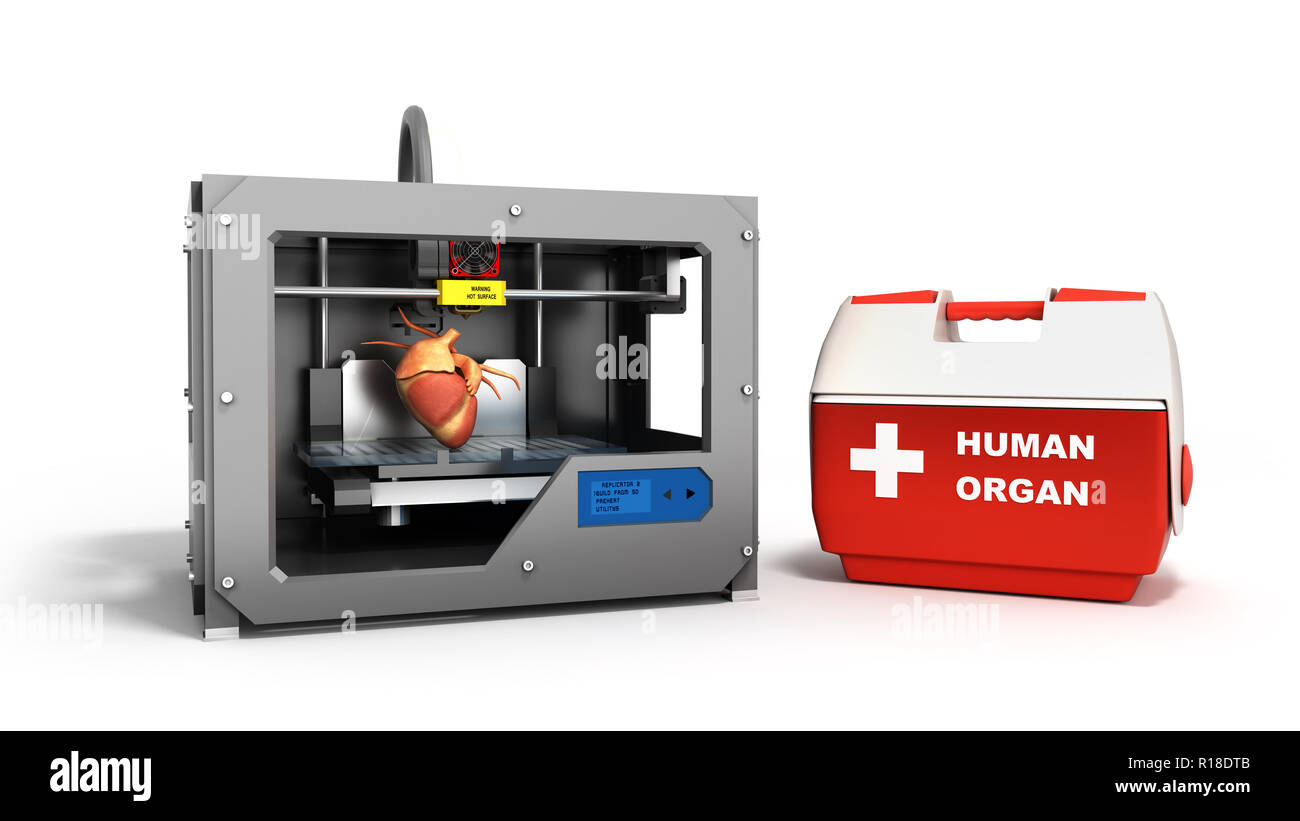 Notion de processus de transplantation de créer le cœur humain à l'aide de l'imprimante 3D illustration isolé sur fond blanc Banque D'Images