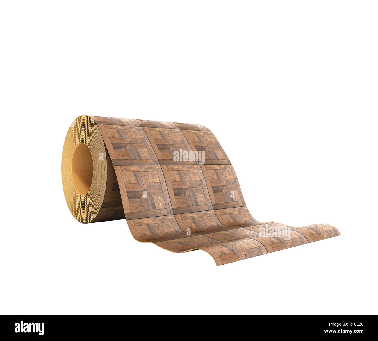 Rouleau de linoléum avec wood texture 3d illustration sur aucune ombre blanche Banque D'Images