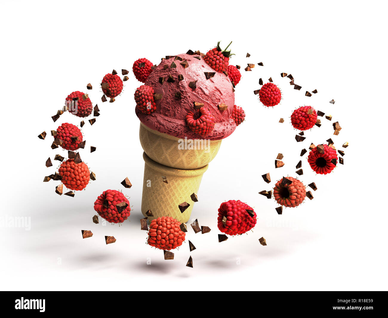 La crème glacée aux framboises et chocolat chapelure dans une gaufre tasse 3D render sur blanc Banque D'Images