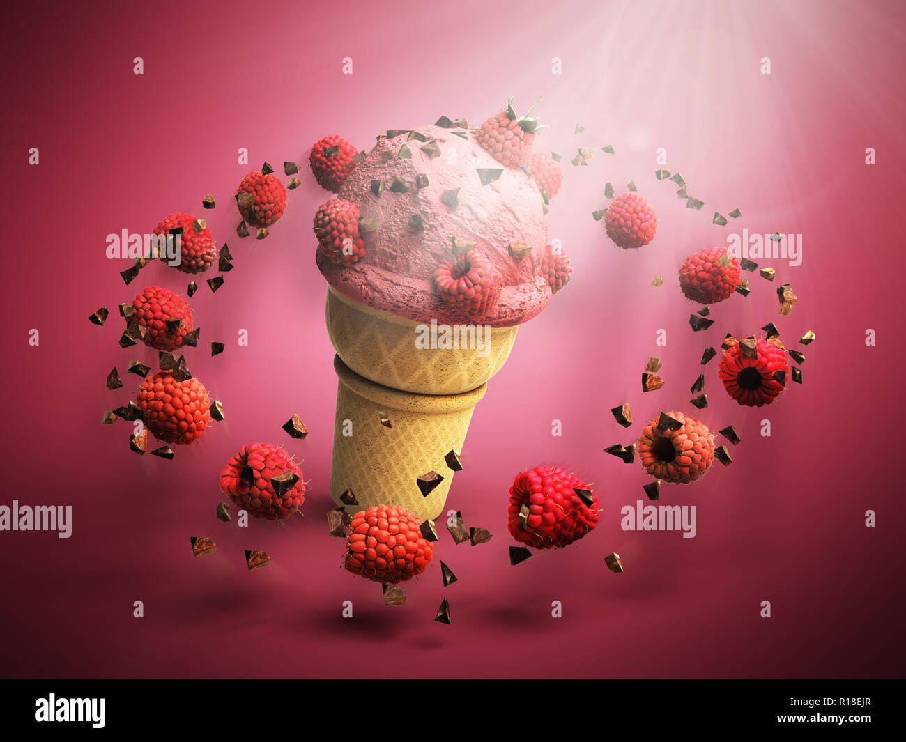 La crème glacée aux framboises et chocolat dans une tasse de miettes de gaufre de rendu 3D sur un fond de couleur Banque D'Images