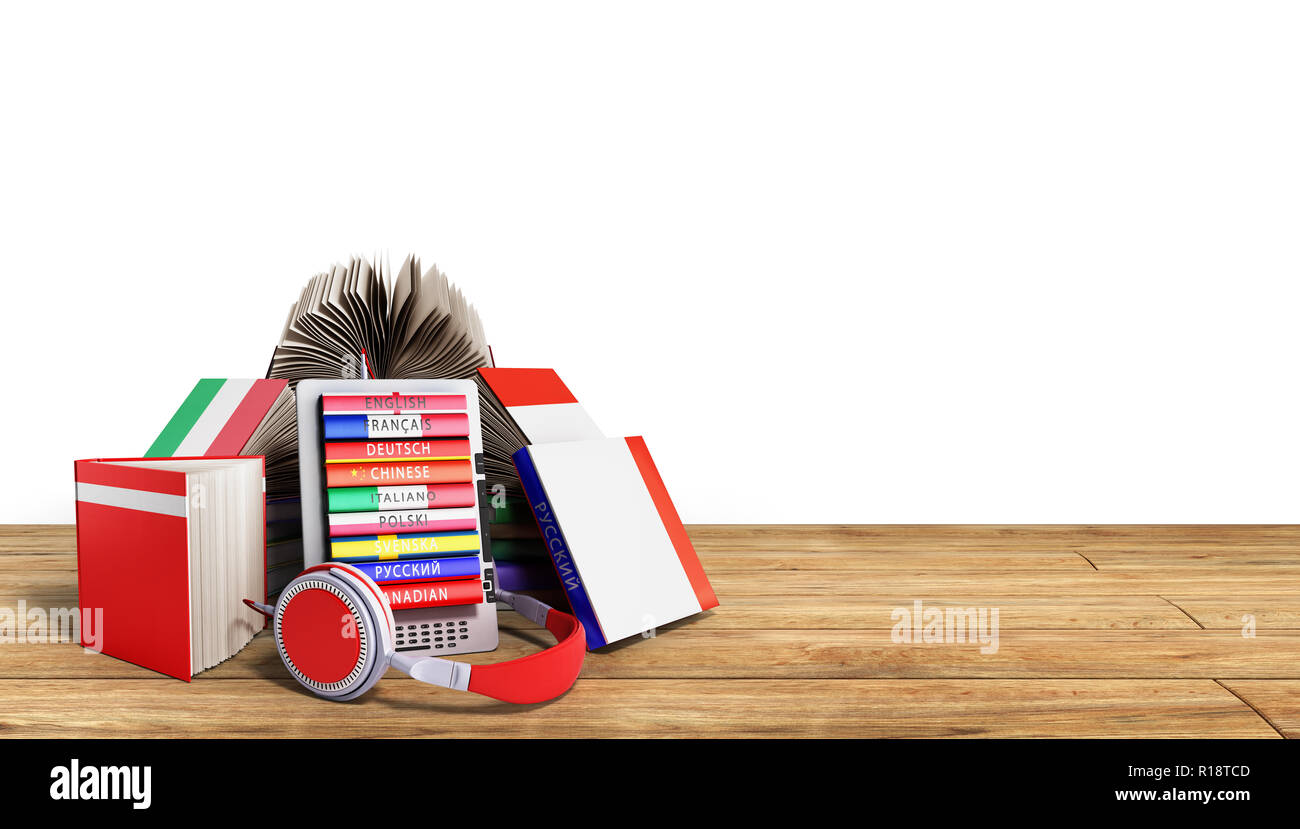 E-livre audio langues et livres sur bois 3D render concept knowlage Succès Banque D'Images