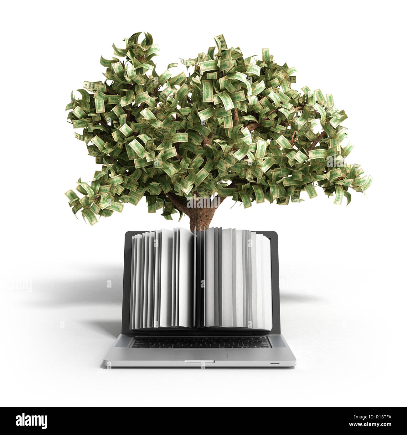 Pc noir avec arbre d'argent sur fond blanc 3D render concept knowlage Succès Banque D'Images