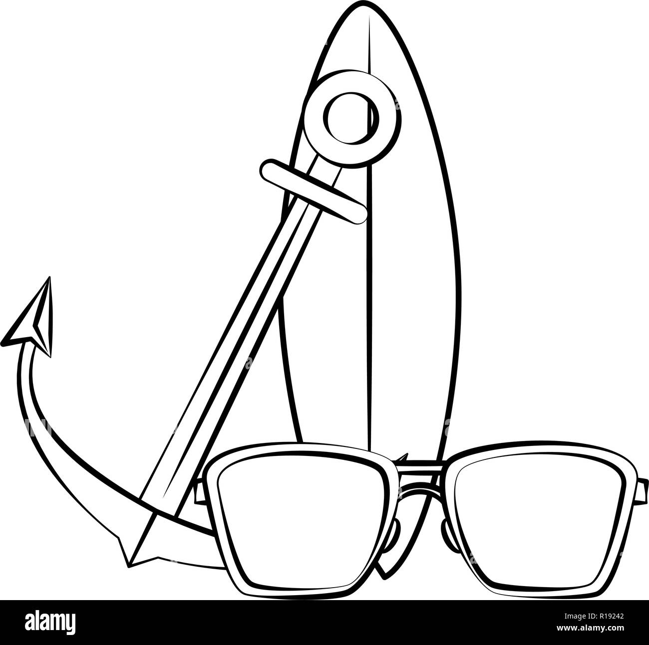 Plage d'été lunettes de soleil et de surf avec ancre table vecteur croquis  dessins illustration graphic design Image Vectorielle Stock - Alamy