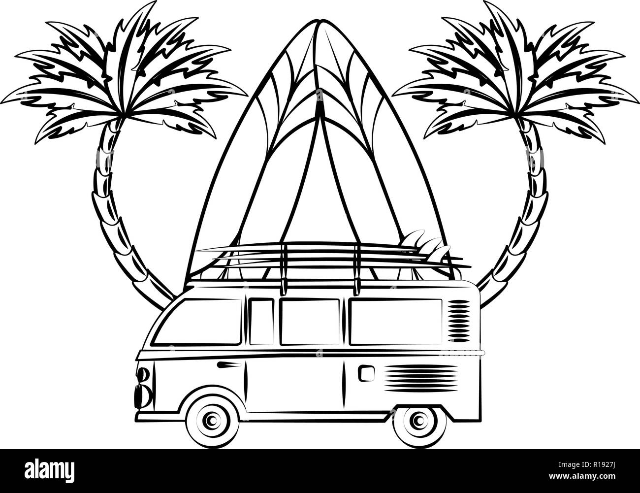 Voiture Vintage Avec Surf Table Dans La Plage Dessins