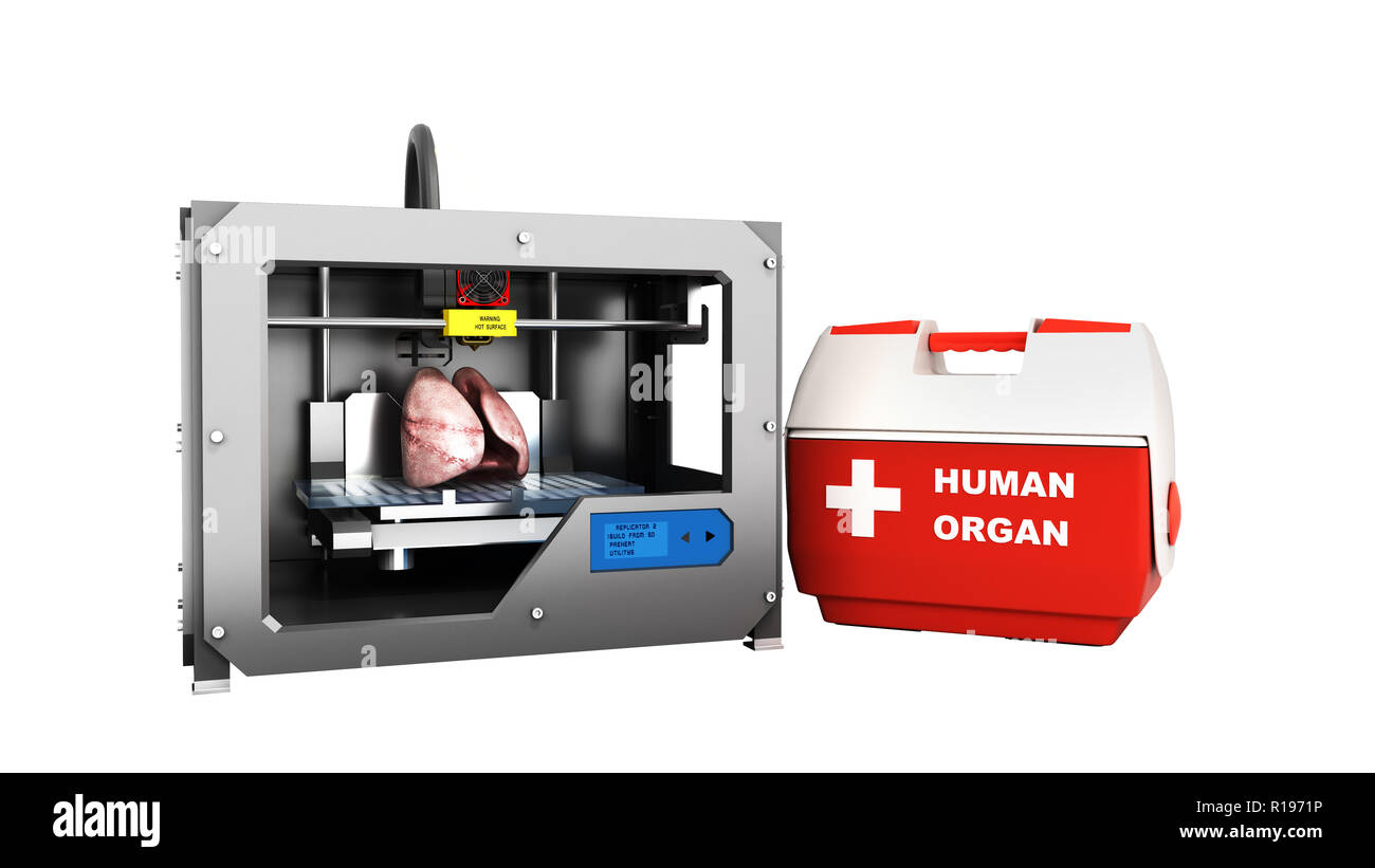 Notion de processus de transplantation de la création d'organes en utilisant l'imprimante 3D illustration isolé sur blanc aucune ombre Banque D'Images