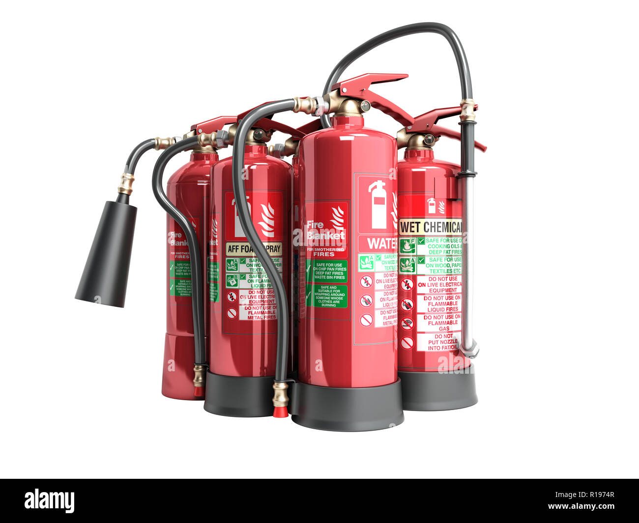 Les extincteurs d'isolé sur fond blanc différents types d'extincteurs 3d illustration aucune ombre Banque D'Images