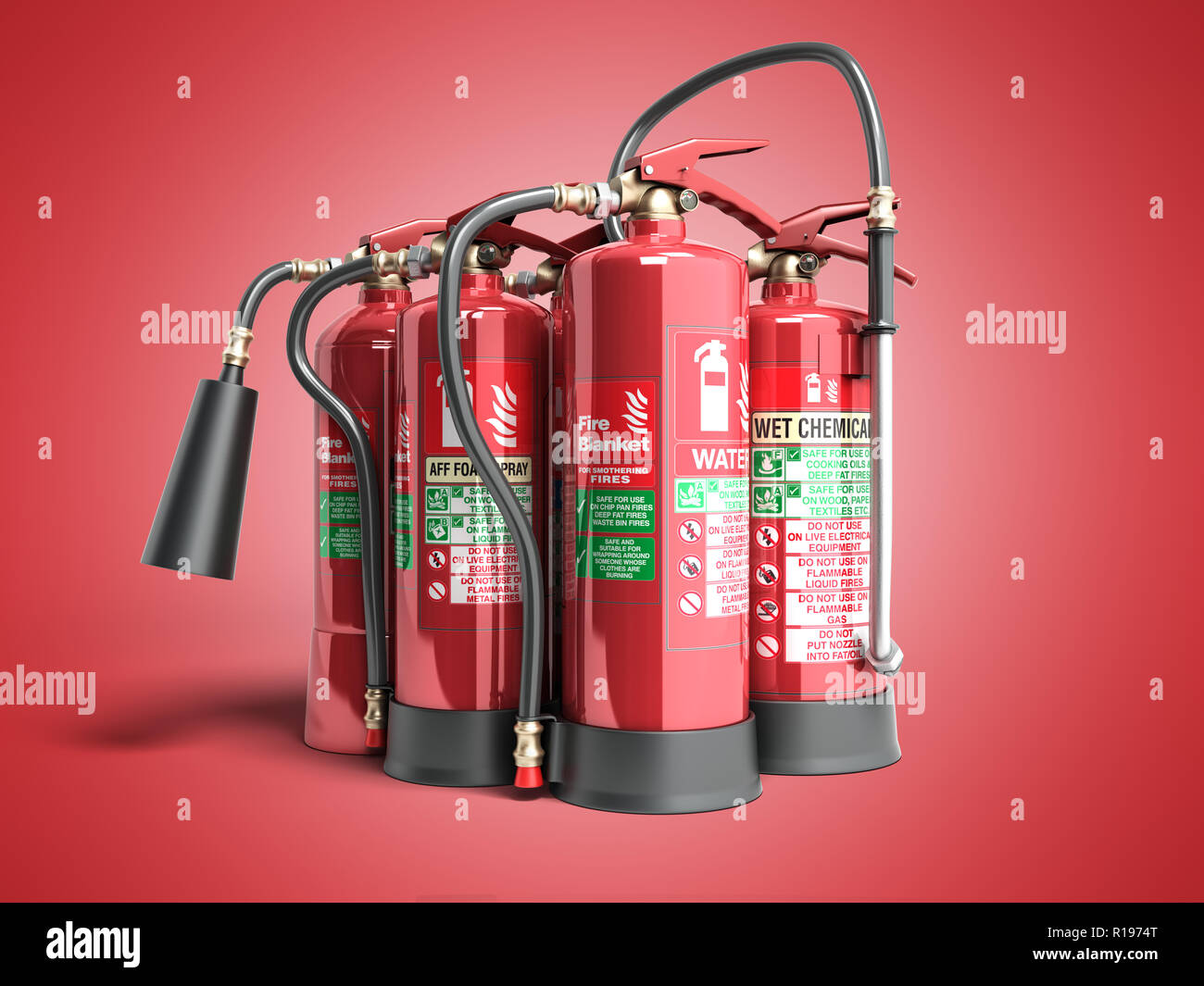 Les extincteurs isolé sur fond rouge divers types d'extincteurs 3d illustration Banque D'Images