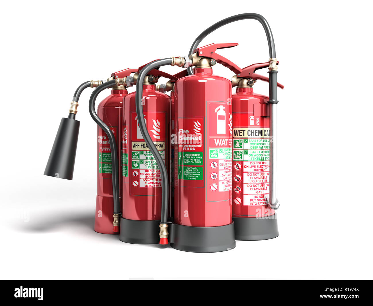Les extincteurs d'isolé sur fond blanc différents types d'extincteurs 3d illustration Banque D'Images