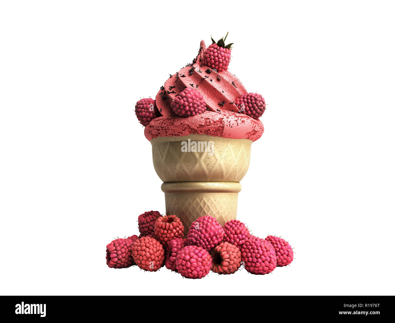 La crème glacée aux framboises et chocolat chapelure dans une gaufre tasse 3D render sur aucune ombre blanche Banque D'Images