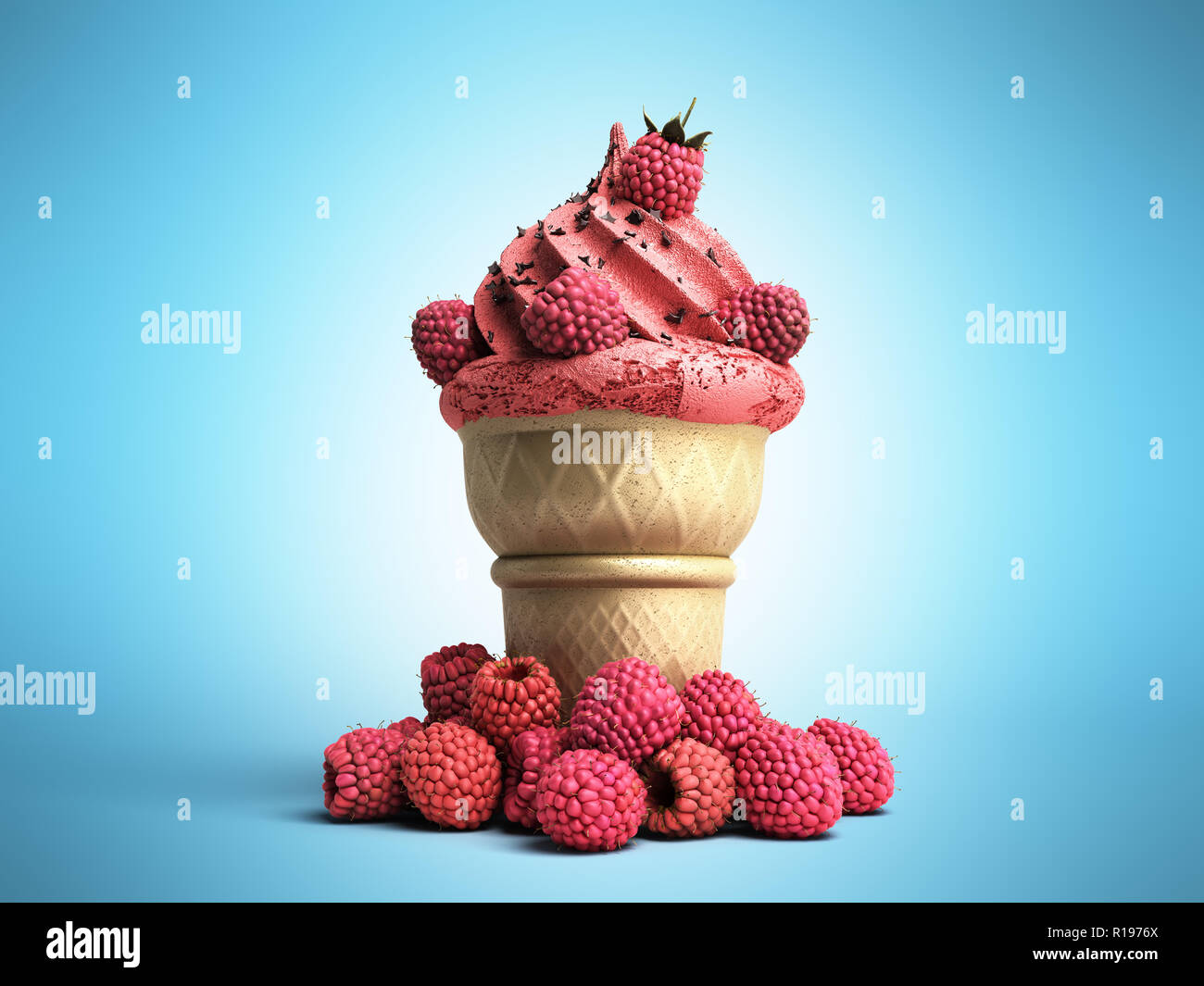 La crème glacée aux framboises et chocolat chapelure dans une gaufre tasse 3D render sur bleu Banque D'Images