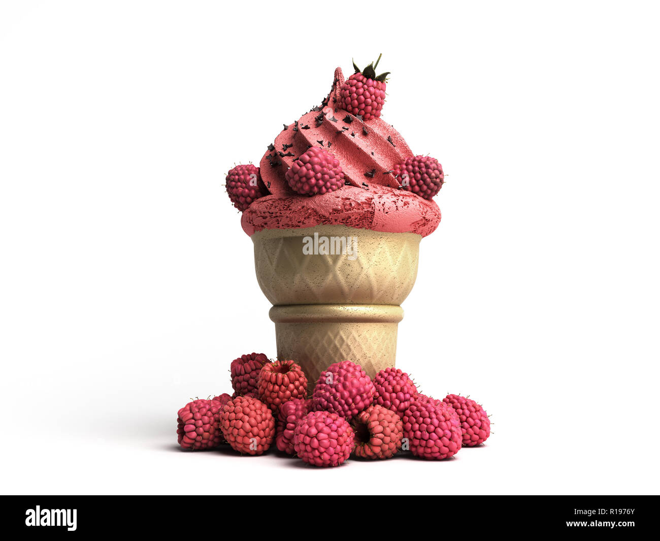 La crème glacée aux framboises et chocolat chapelure dans une gaufre tasse 3D render sur blanc Banque D'Images