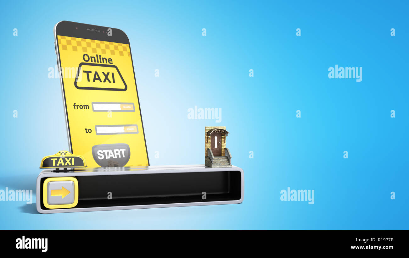 Concept d'un taxi rapide commander à partir d'un téléphone mobile 3D render sur bleu Banque D'Images