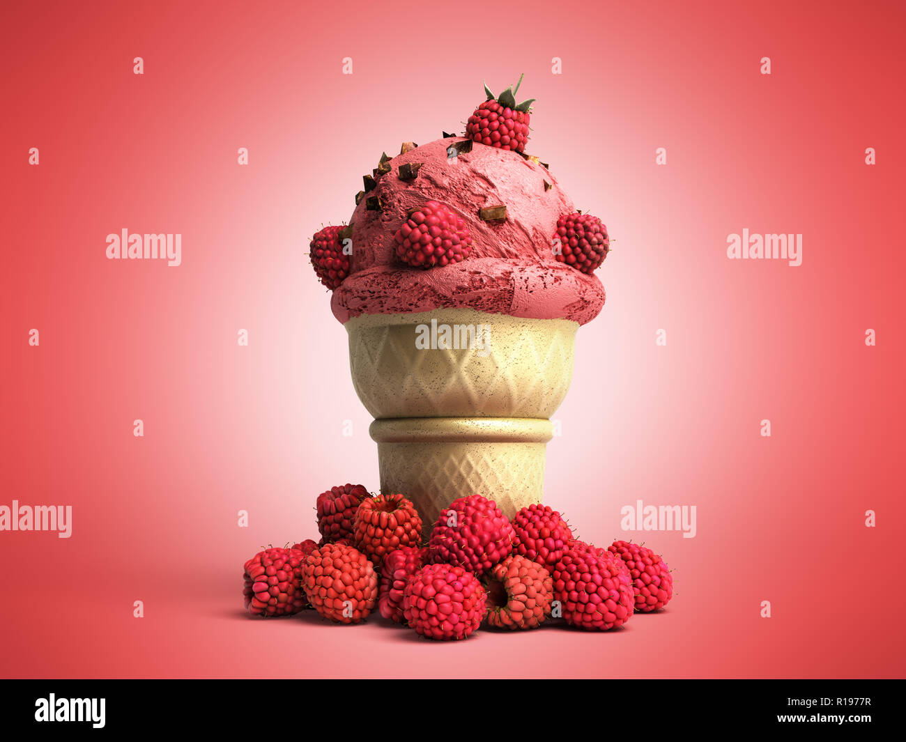 La crème glacée aux framboises et chocolat chapelure dans une gaufre tasse 3D render sur rouge Banque D'Images