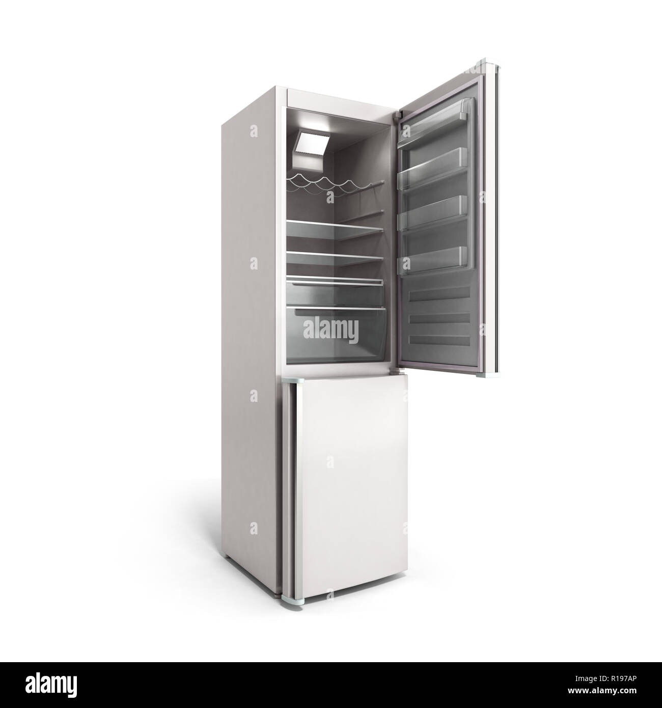 Moderne en acier inoxydable réfrigérateur ouvert sur blanc 3d illustration Banque D'Images