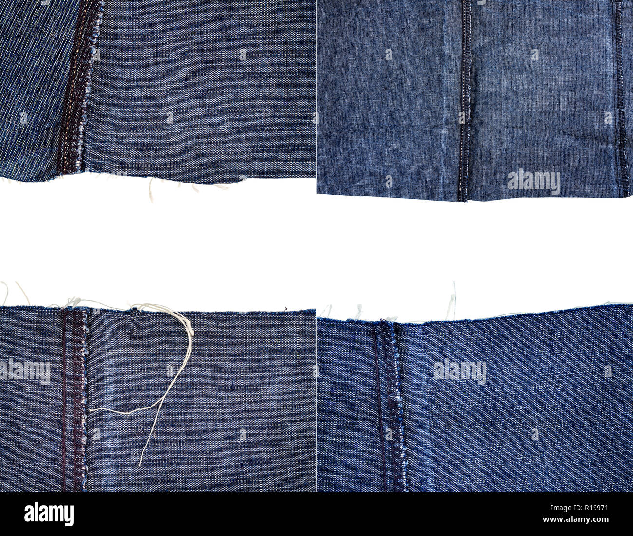 Collection de jeans bleu textures tissu isolé sur fond blanc. Les bords inégaux. Jean déchiré le tissu avec copie espace. Envers du tissu. Banque D'Images