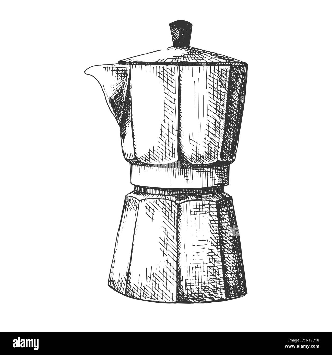 Croquis d'une cafetière. Cafetière isolé sur fond blanc. Illustration de Vecteur