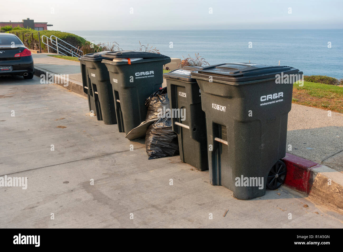 Côté Route les poubelles appartenant à CR&R Services environnementaux, Inspiration Point, plage d'État Corona del Mar, Californie, USA. Banque D'Images