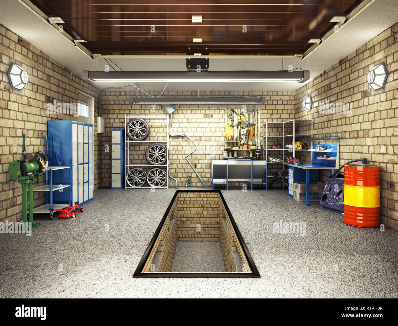 Vue avant d'un Garage ouvert avec intérieur 3D Rendu 3D porte rouleau Banque D'Images