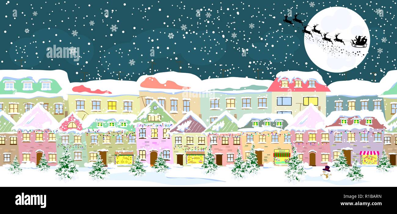 Paysage de la ville d'hiver, sans couture. Père Noël sur son traîneau sur l'arrière-plan de la lune. Rue de la ville en hiver. Les maisons sont couvertes de neige. Sn Illustration de Vecteur