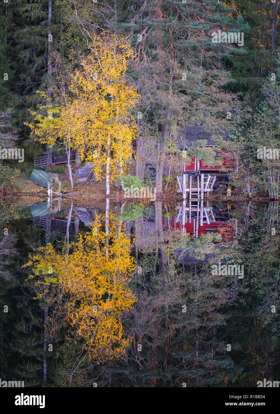 Cadre idyllique avec vue sur le lac chalet confortable et de couleur à l'automne une réflexion au jour d'automne en Finlande Banque D'Images