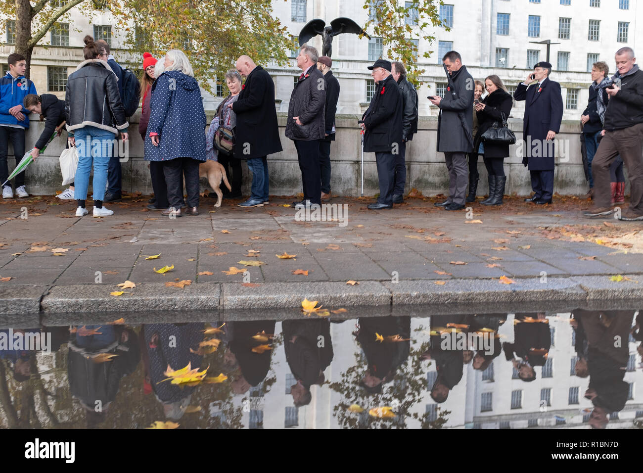 London UK, 11 Novembre 2018 : de longues files d'attente de personnes qui fréquentent le Service national du souvenir au monument de la guerre, à Londres, le Dimanche du souvenir. Crédit : à vue/Photographique Alamy Live News Banque D'Images
