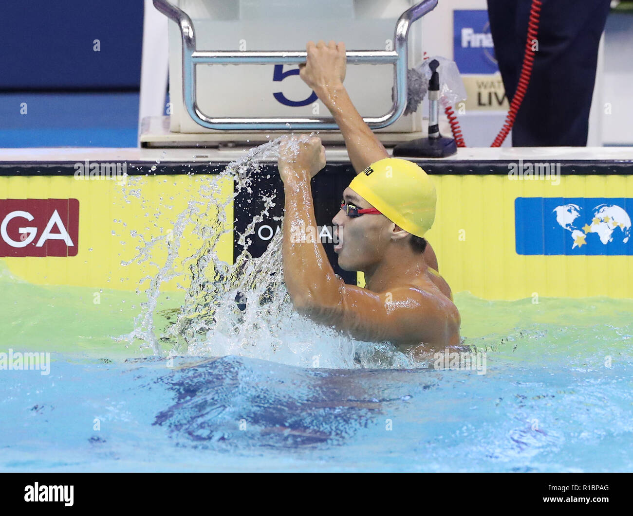 Tokyo. 11Th Nov, 2018. La Chine Xu Jiayu célèbre après avoir remporté le 100m dos hommes lors de la finale de la Coupe du Monde de Natation FINA à Tokyo, Japon, Nov.11, 2018. Crédit : Du Xiaoyi/Xinhua/Alamy Live News Banque D'Images