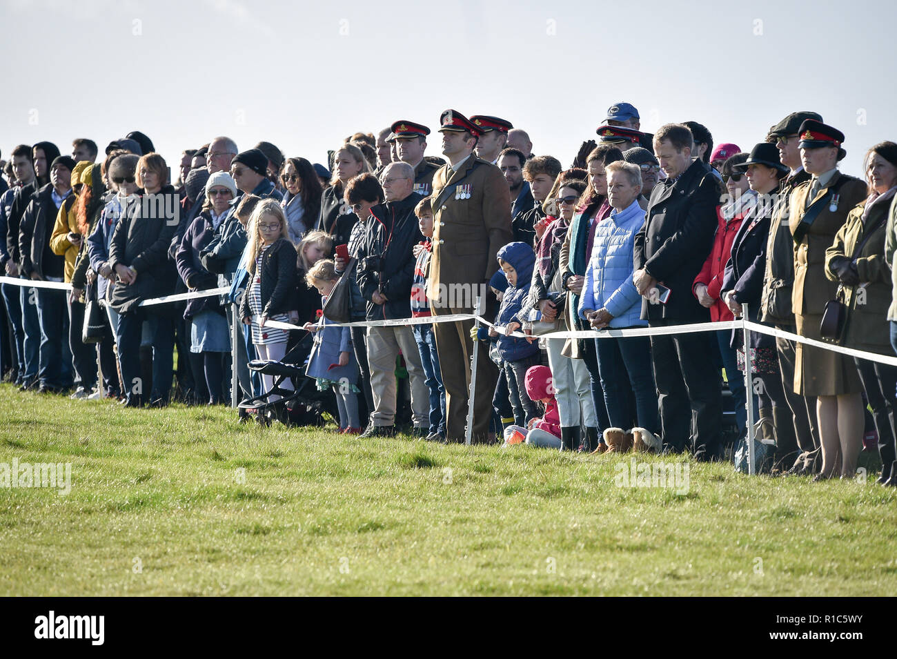 Stand des foules en silence pendant les deux minutes de silence à Stonehenge dans le Wiltshire, après la Royal Artillery fire 100 tours avant de tomber silencieux comme l'horloge sonne 11h sur le 100e anniversaire de la signature de l'Armistice qui a marqué la fin de la Première Guerre mondiale. Banque D'Images