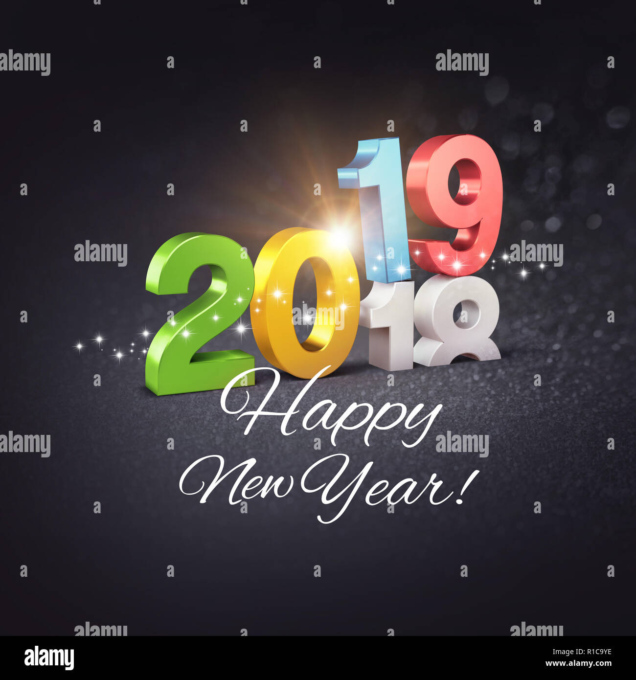 Nouvelle Annee Coloree Date Nombre 19 Salutations Et Bonne Annee De Fin 18 Au Dessus Sur Un Fond Noir 3d Illustration Photo Stock Alamy