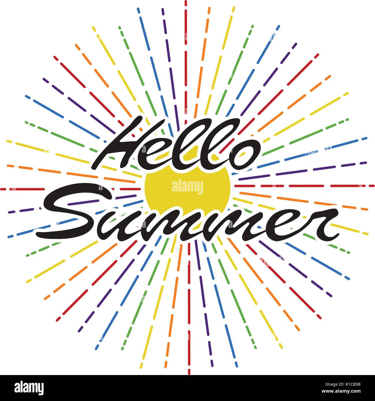 Vector hello summer background design lettrage. Illustration de soleil, de couleurs arc-en-ciel en sunburst. hand drawn bannière de texte Illustration de Vecteur