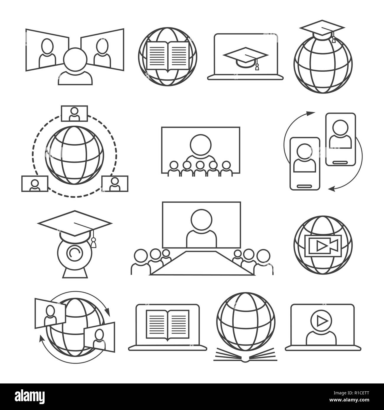 Webinaire d'icônes. Vecteur d'apprentissage en ligne, appel web icon set l'étude de signes ou ligne conférence vidéo symboles linéaires réunion Illustration de Vecteur