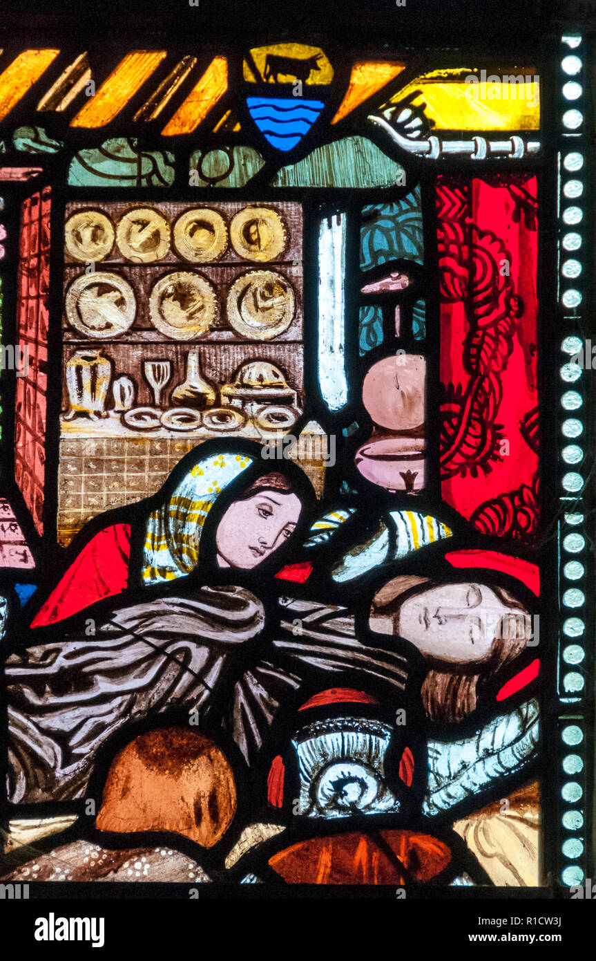 Détail de Burne Jones vie de St Frideswide vitrail dans la Cathédrale Christ Church, à Oxford. Victorien comprend des toilettes. Plus de détails EN DESC. Banque D'Images