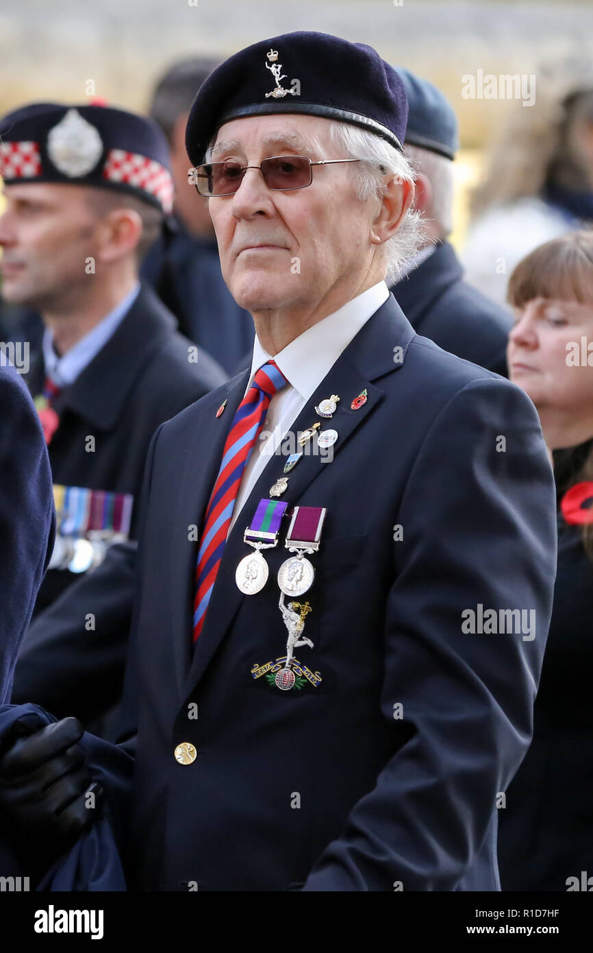 Les anciens combattants de guerre vu prendre part à la commémoration annuelle sur le Centenaire de la procession de l'Armistice à Londres pour rendre hommage à ceux qui ont souffert ou sont morts pendant la guerre. Des centaines de personnes rassemblées à l'occasion du centenaire de l'Armistice, qui a vu 3 123 membres des forces armées ont perdu la vie. L'armistice mettant fin à la Première Guerre mondiale entre les alliés et l'Allemagne a été signé à Compiègne, France à la onzième heure du onzième jour du onzième mois - 11h00 le 11 novembre 1918. Banque D'Images